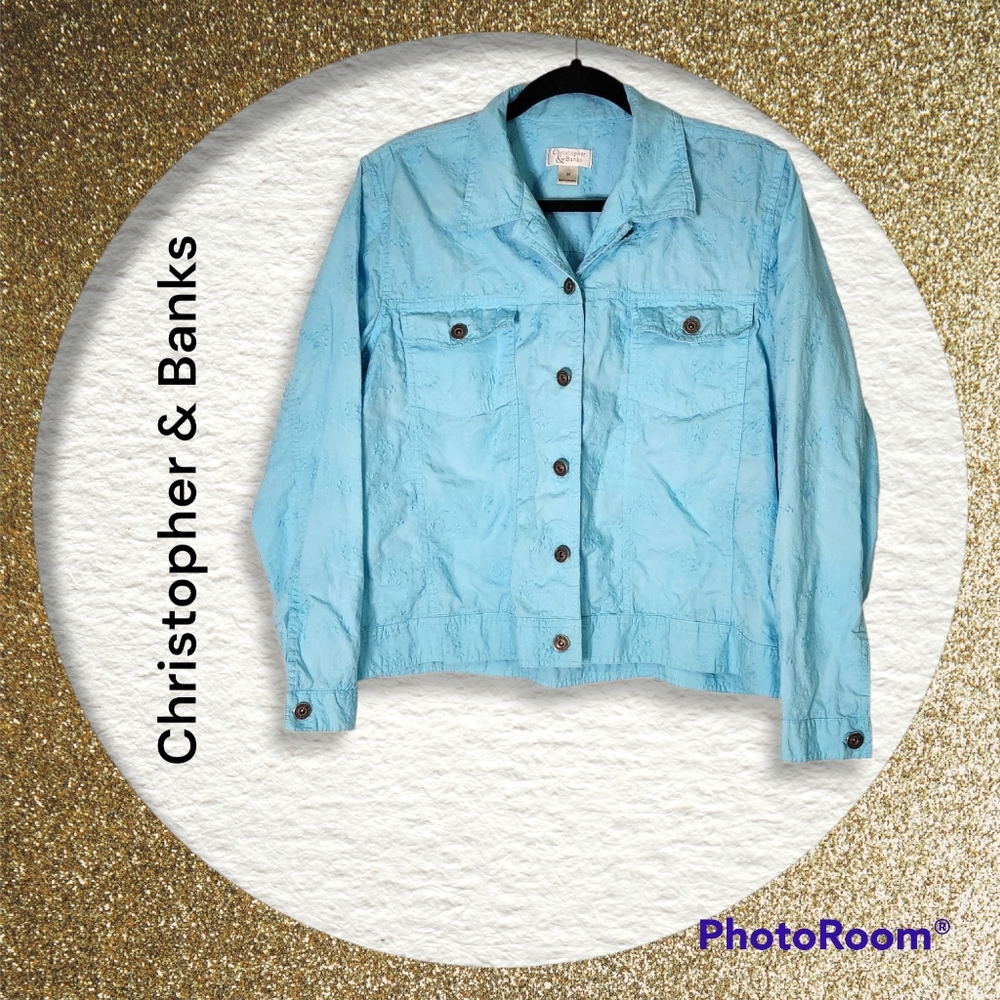 Christopher & Banks blue embroidered crop lightweight jacket women's siz…